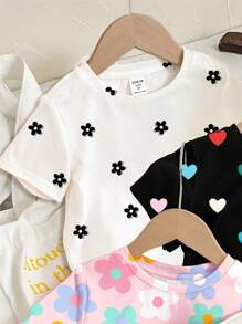 SHEIN 4 件套年轻女孩可爱花卉和心形波尔卡圆点印花基本款短袖休闲圆领 T 恤，春夏上衣 - 彩色 - 查看 5