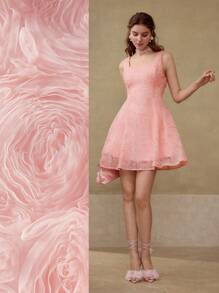 MOTF PREMIUM MESH FLORAL PATTERN FITTED WAIST DRESS - Pink - View 1