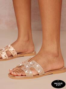 SHUZIA Sandalias anchas para mujer con aplicaciones de cristal en color oro rosa - Cristales multi-faceta y diseño calado de inspiración francesa, ideales para uso en resorts y paseos por la ciudad