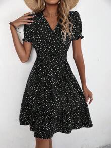 Breezaya Women's V-Neck Full Print Bubble Short Sleeve Casual Vacation Dress - Black - View 5