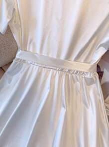 Chiquease 优雅白色短袖衬衫领系带 A 字裙，女士春夏连衣裙 - 白色 - 查看 8