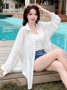 DAZY 女士海滩度假长袖提花开衫休闲罩衫和服罩衫