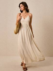 Poéselle Women's Summer Striped Lace-Up Back Long Strap Dress,Linen Dress - Apricot - View 2