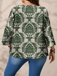 EMERY ROSE Plus Size Casual Minimalist Full Printed Crew Neck 3/4 Sleeve Shirt, Suitable For Spring & Autumn - Multicolor - View 2