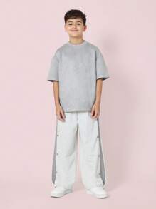 SUMWON 青少年超大码 T 恤休闲短袖街头潮流舒适运动 T 恤适合学校运动日常穿着春夏秋季系列 - 灰色 - 查看 6