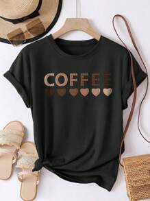 SHEIN LUNE Plus Size Women's Casual Coffee Heart Print Round Neck Short Sleeve T-Shirt