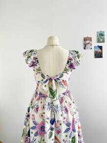 Dreamara Gaun Panjang WYWH Casual Vacation Multi-Color Positioning Flower Flutter Sleeves Back Tie Plus Size - MultiWarna - View 4