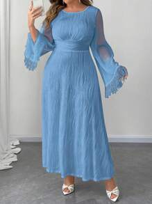 Franclia Vestido de punto texturizado con cuello redondo, mangas de campana y cintura ceñida en corte evasé largo para mujer de talla grande