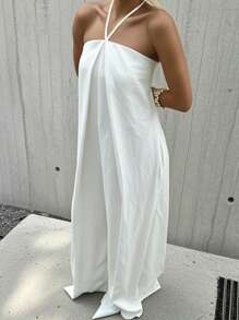 INAWLY Women's Summer Casual Solid Color Backless Halter Jumpsuit - White - View 1