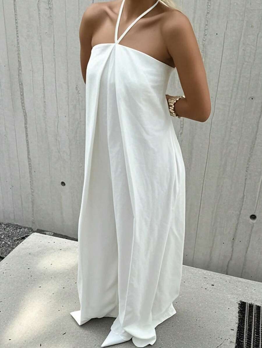 INAWLY Women's Summer Casual Solid Color Backless Halter Jumpsuit - White - View 1