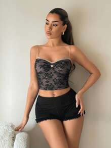 SHEIN ICON Y2K sexy taillenkurze Shorts mit tiefer Taille, Raffungen, Rüschen und Spitzeneinsätzen, schwarz