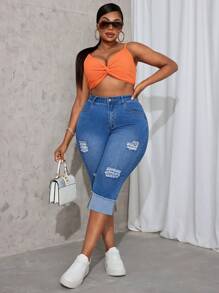 SHEIN SXY Plus Size Women's Elastic Straight Leg Blue Jeans Autumn Outfits For Women Festival Outfits Capri Jeans Plus Jeans For Women Women Autumn Clothes - Blue - View 5