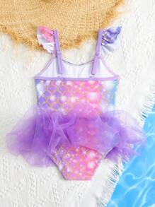 Young Girl Mermaid Print Contrast Mesh Ruffle One-Piece Swimsuit - Multicolor - View 2