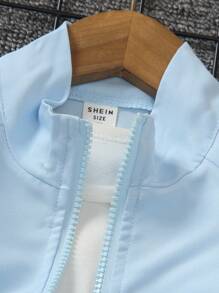 SHEIN 2pcs/Set Young Boy Raglan Long Sleeve Zipper Placket Baseball Jacket & Shorts - Blue - View 4