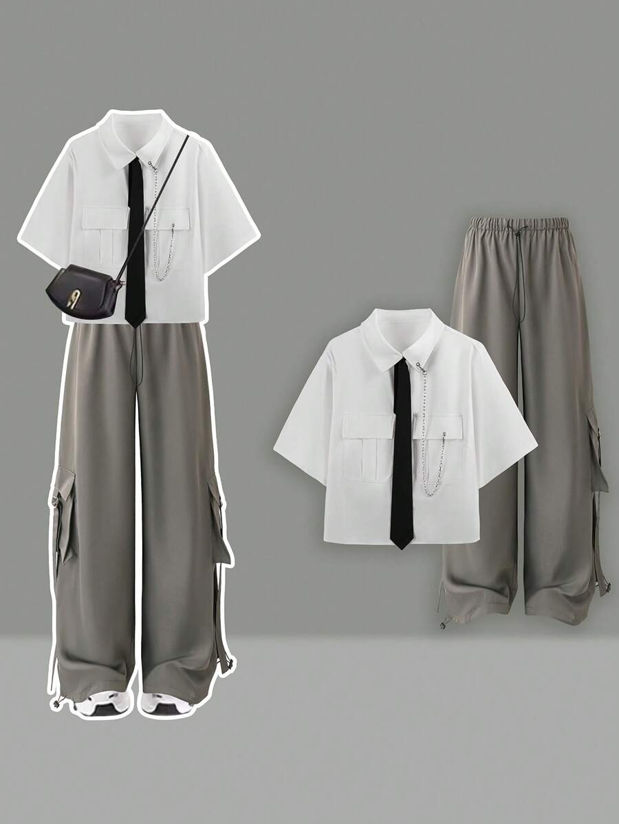 SHEIN LUNE 大码两件套休闲衬衫和工装裤