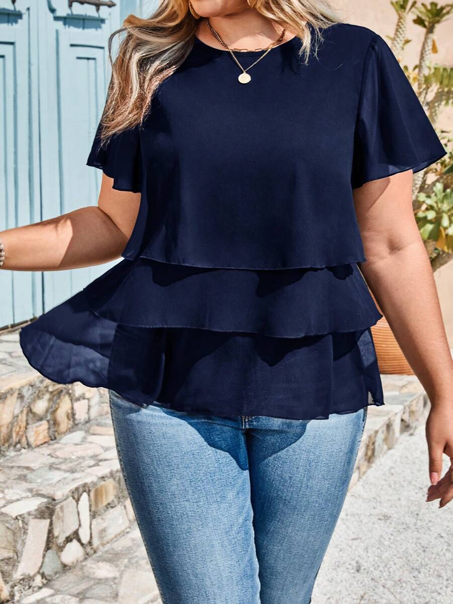 SHEIN LUNE Plus Size Flowy Ruffle Hem Women Short Sleeve Blouse, Elegant For Work Commute Summer For Women St Patrick Day Easter Summer Spring For Women Beach Saint Patrick Easter Lounge Sets For Women