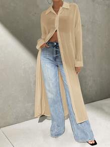 Firerie 女士白色雪纺防晒开衫，中长款宽松法式轻薄长袖外套，夏季 - 卡其色 - 查看 4