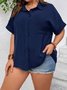 SHEIN LUNE Plus Size Women's Solid Color Batwing Sleeve Casual Blouse Summer Mother Day Simple & Fashionable - Navy Blue - View 4
