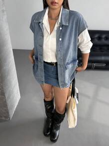 SHEIN ICON 宽松牛仔背心外套，简约时尚，适合夏天 - 藍色 - 查看 5