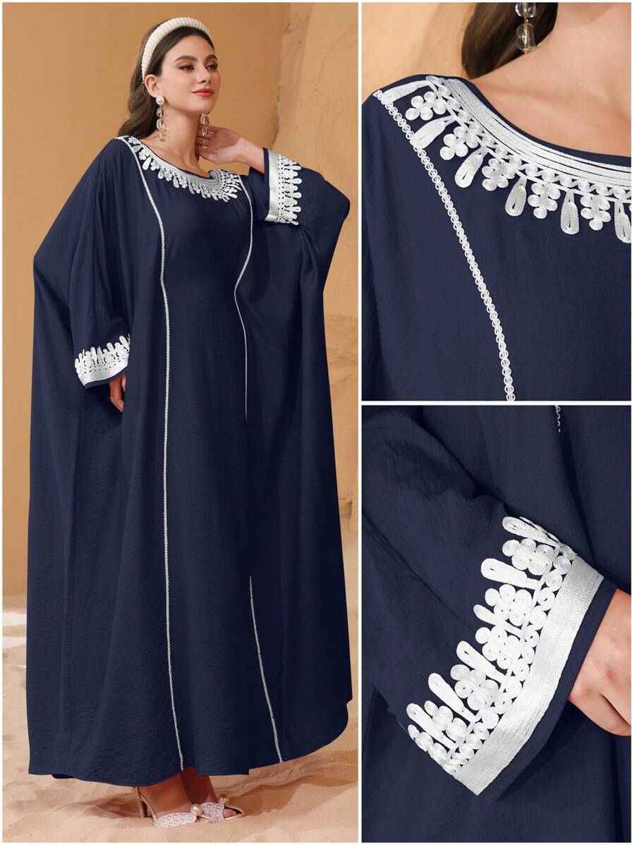 Al Najma 女士土耳其和阿拉伯传统长款束腰外衣，露肩袖饰边，春夏季，朴素的卡夫坦 - 寶藍色 - 查看 1