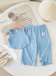 SHEIN Baby Girl Summer Cute Knitted Pink Tank Top & Elastic Waist Pants 2pcs Set - Blue - View 3