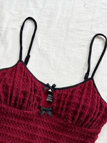 Soleia 女士度假酒红色针织纹理前镂空蝴蝶结撞色肩带撞色连体裤，时尚打底衫或外套，派对 - 酒紅色 - 查看 6
