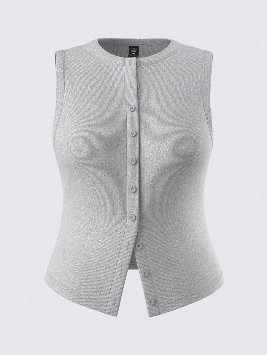 SHEIN BASICS Plus Size Solid Color Knitted Fitted Tank Top - Light Grey - View 1