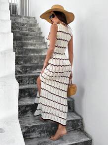 SHEIN Tall Vestido largo envolvente tipo body con rayas burdeos para mujer, ropa de playa