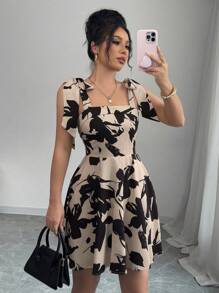 Elenzga Vestido camisero mini con estampado floral elegante para mujer