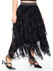 ROMWE Plus Size Gothic Romantic Luxurious Palace Vine Flocked Asymmetrical Hem Contrast Lace Trim Skirt - Black - View 5