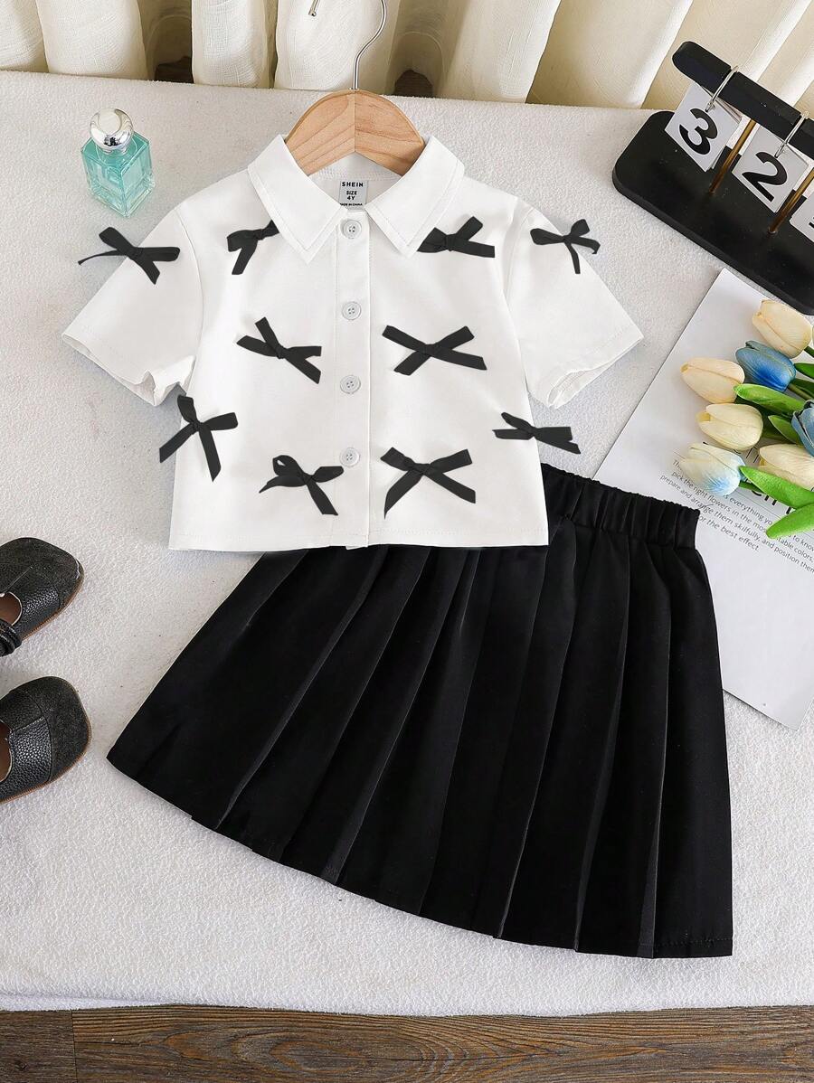 SHEIN 2 件套短袖纯色拼色装饰上衣和迷你裙套装，适合年轻女孩