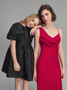 Ontre Tween 女童宽松舒适派对泡泡袖蝴蝶结装饰露背设计纹理 A 字裙，黑色，适合户外活动、派对、度假、春夏