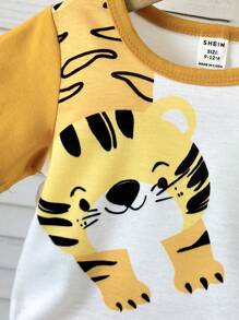Conjunto de 2 piezas para niño pequeño de verano: Camiseta de punto con estampado de tigre lindo + Conjunto de pantalones cortos, adecuado para uso diario y actividades al aire libre