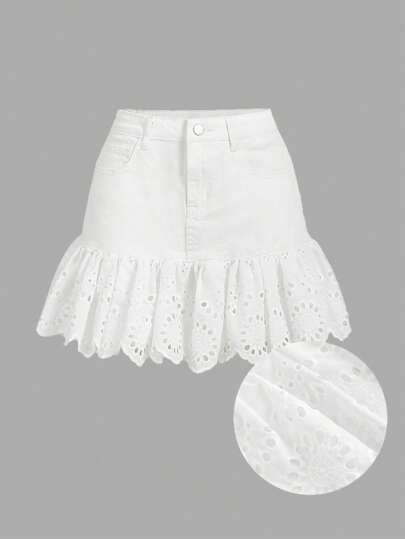 SHEIN MOD Women's Denim Patchwork Lace Mini Skirt, White,Casual Fitted,Summer For Women,St Patrick Day,Concert Women,Cruise Attire Women,Old Money,Ibiza