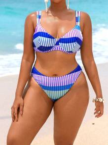 Swim Vcay 大码女式 2 件套随机几何线条印花钢骨比基尼泳装套装