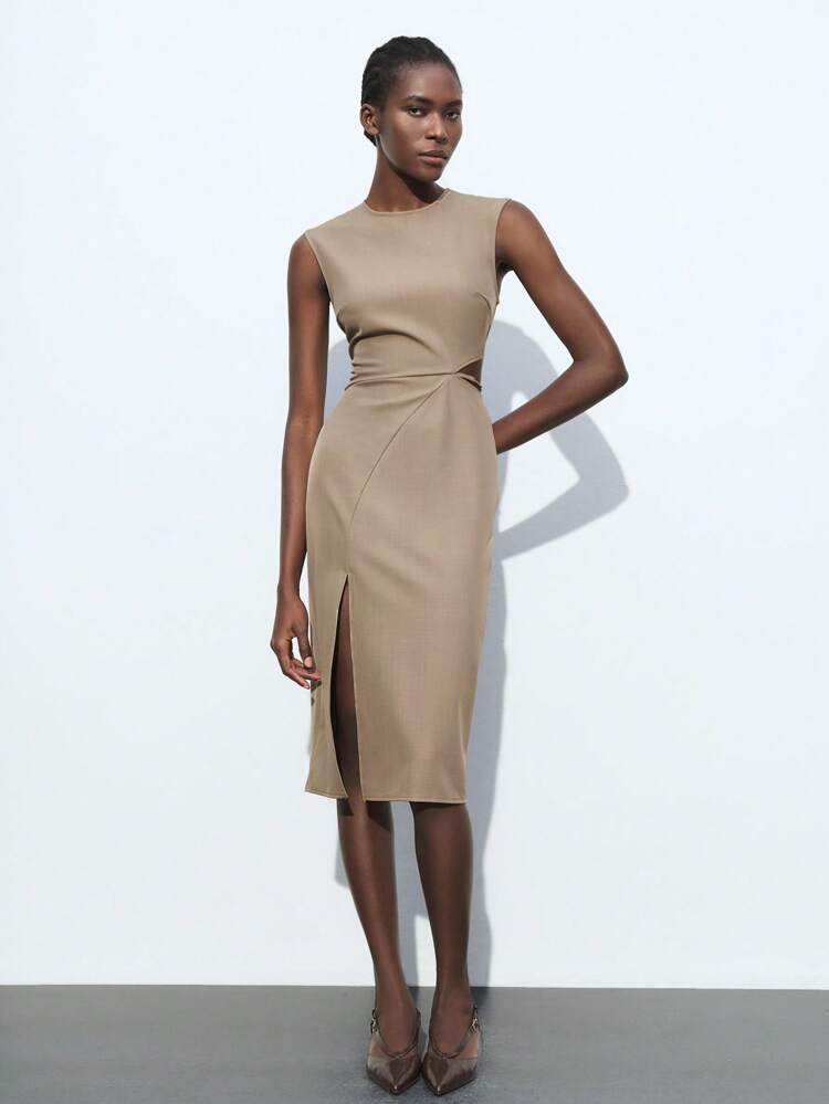 SHEIN Maija 2025 Summer New Model Elegant High-Neck Sleeveless Split Front Hollow Waist Metal Buckle Decoration Dress Easter Western Airport Outfit For Women