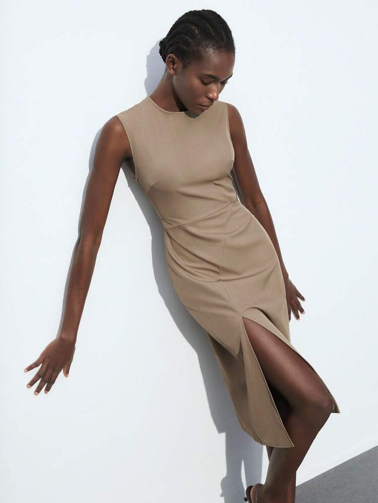 SHEIN Maija 2025 Summer New Model Elegant High-Neck Sleeveless Split Front Hollow Waist Metal Buckle Decoration Dress Easter Western Airport Outfit For Women