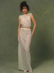 MUSERA 低腰纹理亮片蕾丝俱乐部优雅长裙，仅限夏季度假穿着，性感迷人 - 綠色 - 查看 1