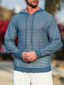 Manfinity Homme Men's Striped Drawstring Hooded Casual Long Sleeve Sweater Hoodie Golf Men Spring Pullover Sweater Men - Dusty Blue - View 4