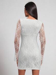 COSMINA Elegant White Lace Mini Dress For Women: Keyhole Neckline, Long Bell Sleeves, And Fitted Silhouette