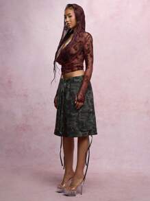 SUMWON WOMEN 连帽围脖领网眼上衣长袖花卉印花哥特式舞蹈俱乐部派对节日时尚短款上衣酒红色 - 酒紅色 - 查看 6