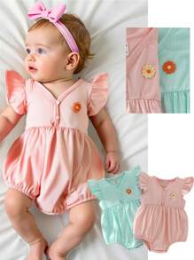 Body de verano para bebé niña con mangas con volantes, decoración floral linda y cuello en V, para uso diario en colores alegres y dulces - Multicolor - Ver 1