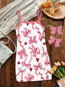 SHEIN 可爱粉色蝴蝶结心形印花，女婴休闲修身吊带连衣裙，适合夏季 - 彩色 - 查看 3