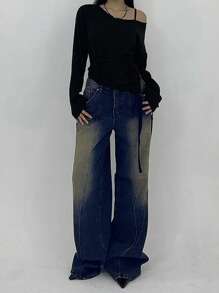 DAZY Quần Jeans Ống Rộng Rộng Rách Cho Nữ, Phong Cách Thời Trang Tối Giản Phù Hợp Cho Mùa Hè - Màu xanh lam - Xem 7