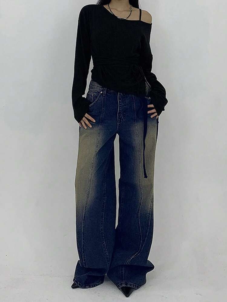 Women's Loose Distressed Wide-Leg Jeans, Minimalist Fashion Style Suitable For Summer