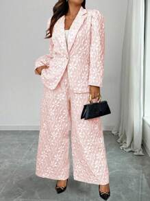 SHEIN Elenzya 2pcs/Set Plus Size Elegant Commute Solid Color Jacquard Blazer & Pants Fall Cloth For Women - Pink - View 3