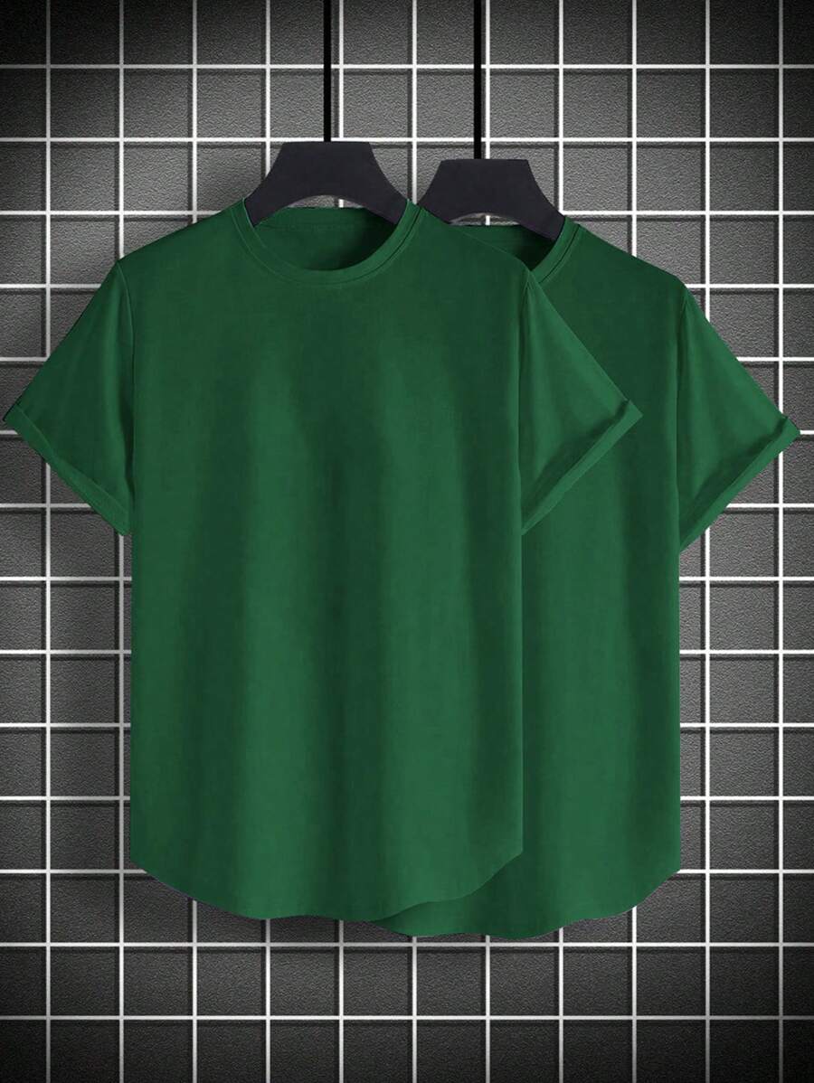 Manfinity Homme Plus Size Men's Casual Solid Color Green Short Sleeve T-Shirt Top - Green - View 1