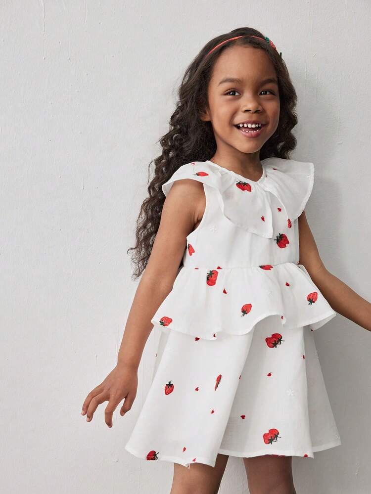 Loose Casual Ruffle Hem Strawberry Print Dress For Girls