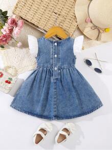 SHEIN Vintaside Kids 女宝宝休闲日常百搭百搭可爱大蝴蝶结装饰短袖水洗牛仔背带裙，适合日常外出、旅行、派对，2025 年春夏新品 - 中等水洗藍 - 查看 2