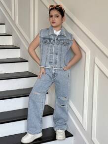 TWEEN GIRLS Y2K Fashion Fuzzy Hem Crop Jacket & Relaxed Fit Jeans Set, Street Style Casual Outfit voor Tween Girls